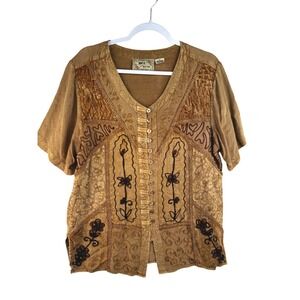 HCC New York Womens Large Brown Boho Floral Embroidered Velvet Lace Blouse Top